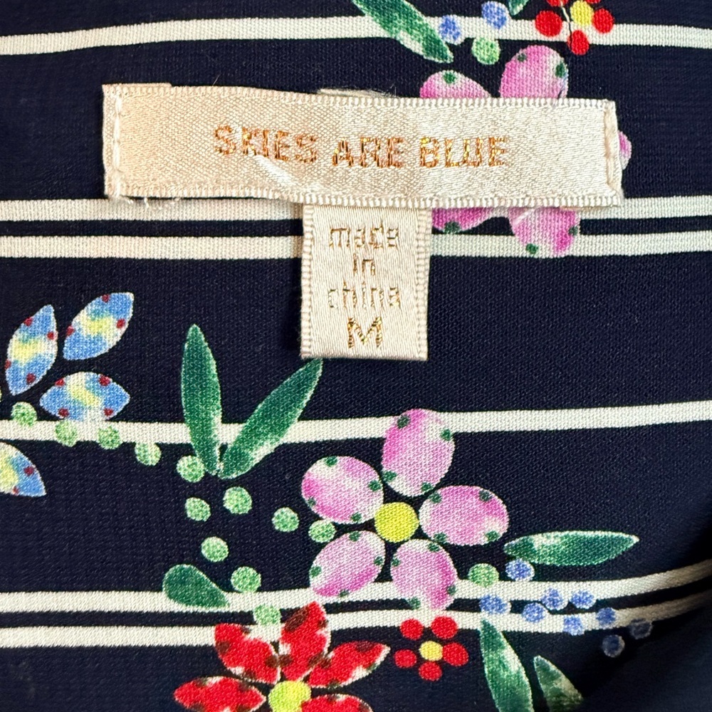 Skies Are Blue Floral Striped Belted Dress, size M, Cuff Ties, Button Up Mini - Picture 10 of 10